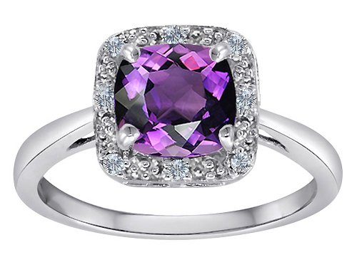 1.54 cttw 10k White Gold Classic Cushion Cut Designer Ring with Genuine Diamonds and Amethyst - White Gold