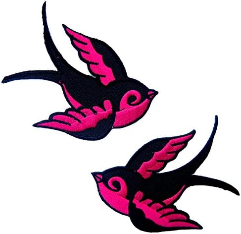 Lot of 2 Pink Sparrows Bird Tattoo Rockabilly Embroidered Iron on Patch