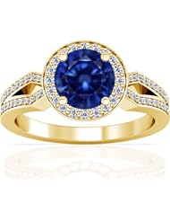 14K Yellow Gold Round Cut Blue Sapphire Ring With Sidestones (GIA Certificate)