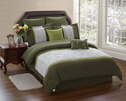 Homehug Textile 50%off! 8pc Bedding Comforter Sets Exquisite Grass Leaves 100% Polyester Embroidery Pattern Green Color,fine Workmanship,shipments From the United States,free Shipping,fine Workmanship,no Pungent Odor,fade-resistant No Ironing,hot Sale! (King Size)