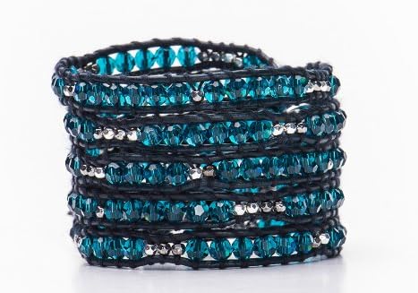 EA Crystal and Sterling Silver Nugget on Navy Leather Wrap Bracelet - 5 Layer Bracelet