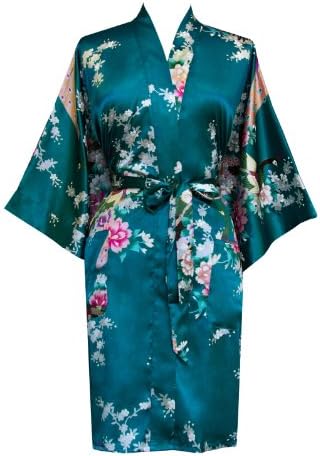 Old Shanghai Women's Kimono Robe - Peacock & Blossoms (Short)