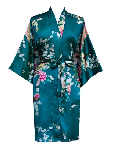Old Shanghai Women's Kimono Short Robe - Peacock & Blossoms