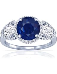 14K White Gold Round Cut Blue Sapphire Ring With Sidestones