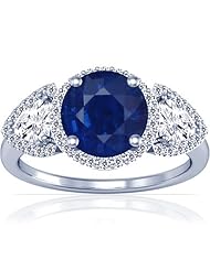 18K White Gold Round Cut Blue Sapphire Ring With Sidestones