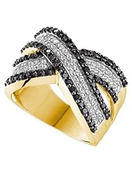 1.25 Carat (ctw) 14k Yellow Gold Round Black & White Diamond Ladies Swirl Right Hand Fashion Band 1 1/4 CT