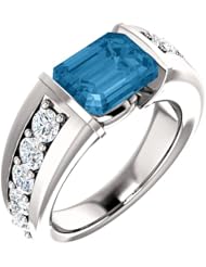 14K White Gold 9.00x7.00mm Emerald Cut London Blue Topaz and Diamond Ring -- LIFETIME WARRANTY