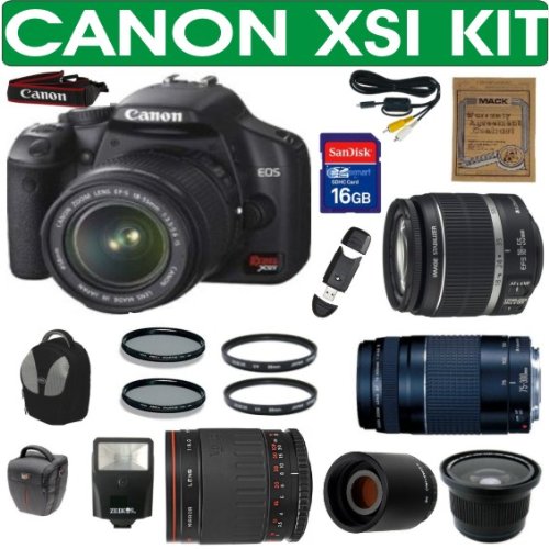 BRAND NEW CANON REBEL XSI (IMPORT) + CANON 18-55mm IS LENS + CANON 75-300mm ZOOM LENS + VIVITAR 500mm MIRROR LENS + 2X TELECONVERTER LENS + .40X SUPER WIDE ANGLE FISHEYE LENS + 16GB HIGH SPEED MEMORY CARD CLASS 10 + MACK 3 YEAR WORLDWIDE WARRANTY