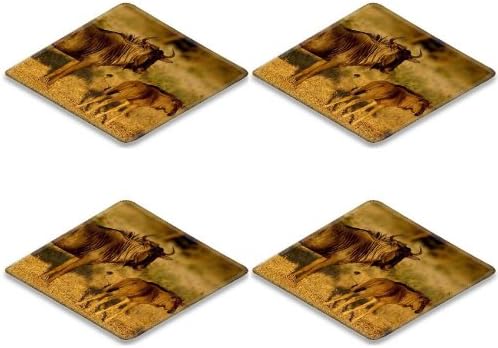 Wildebeest Gun Grassland Wildlife Animals Square Coaster (4 Piece) Set Fabric Rubber 5 Inch Size Luxlady Coaster Cup Mug Can Water Bottle Drink Coasters Stain Resistance Collector Kit Kitchen Table Top Desk