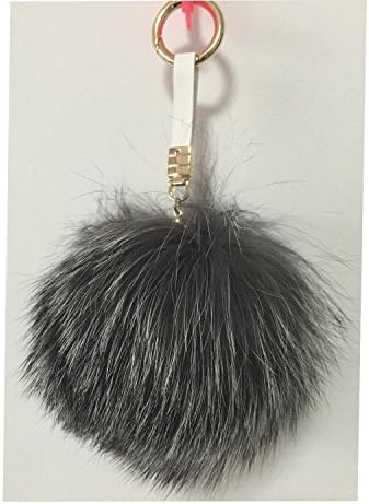 Real Fox Integral Skin Large Ball Charm 12 cm Pom Pom Keychain for Car Key Ring or Bag, Black Poms with Gold Key Chain ... (SILVER)