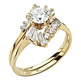 14K Yellow Gold Solitaire Round CZ Cubic Zirconia with Side-stone High Polish Finish Ladies Wedding Engagement Ring and Matching Band 2 Two Piece Sets