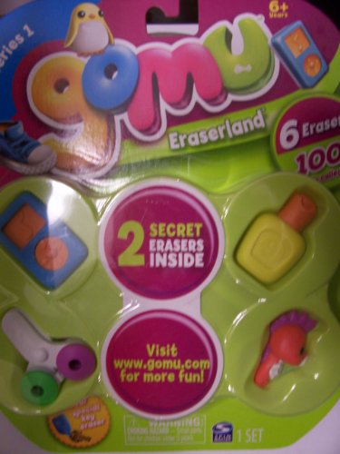 Gomu Series 1 Set of 6 Erasers (Scissors, Sea Horse, Sun Block, MP3 Player) + 2 Mystery