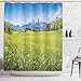 Ambesonne Nature Landscape Decor Collection, Photo of Alps with Fresh Meadows and Blooming Flower Snowy Mountain Nature Home, Polyester Fabric Bathroom Shower Curtain, 75 Inches Long, Green Blue
