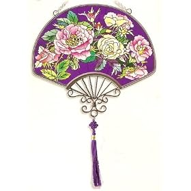 Asian Fan Stained Glass Art Window Panel Flower Floral