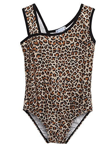 Arshiner Gilrs Slim Solid Asymmetrical Sleeveless Leopard Leotard Dancewear