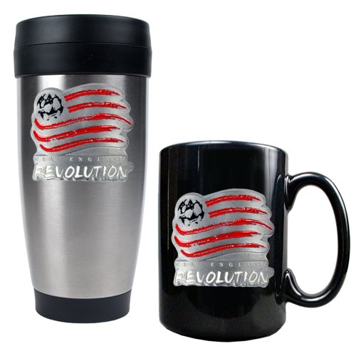 New England Revolution MLS Stainless Steel Travel Tumbler and Blk Ceramic Mug Set -Primary Team Logo