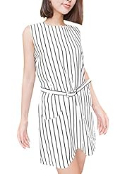 Colorblocking Chiffon Sleeveless Two-Toned Striped Print Round Neck  Dress