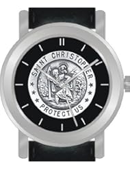 "St. Christopher Protect Us" Is the Inspirational Image on the Dial of the Unisex Size Brushed Chrome Round Case with Black Leather Strap