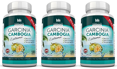 80% HCA Pure Garcinia Cambogia Extract Extreme 3 X 180 Capsules All Natural Appetite Suppressant and Weight Loss Supplement By Hamilton Healthcare up to 4500mg Per Day for Maximum Results - Triple Pack 540 Capsules