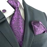 Landisun 331 Dark Purple Paisleys Mens Silk Tie Set: Tie+Hanky+Cufflinks