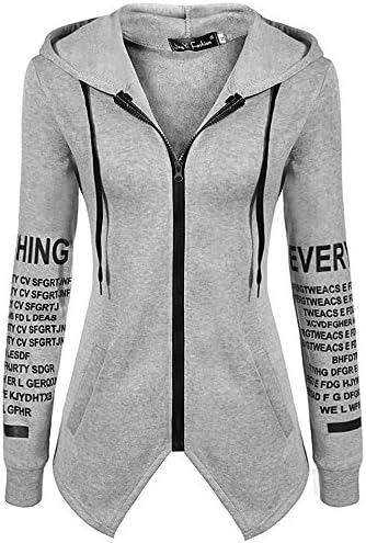Xirkon Women Hoodie Sweatshirts Sport Hooded Letters Print Zipper Pocket Irregular Pullover Top X-Large Grey