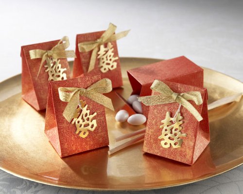 Double Happiness Asian-Themed Favor Box with Metallic-Gold Symbol and Bow (Set of 24)