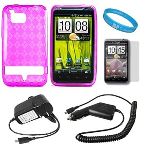 Pink Argyle Rubberzied TPU Silicone Skin Cover Case for Verizon Wireless NEW HTC Thunderbolt 4G HD ADR6400 + Clear Screen Protector + Black Rapid Travel Wall Charger with IC Chip + Black Rapid Car Charger with IC Chip + SumacLife TM Wisdom Courage Wristband