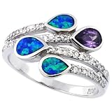 14K White Gold Rhodium Plated Sterling Silver Wedding & Engagement Ring Sterling Silver, Synthetic Opal Inlay Ring, w/ Pear Shape Blue Topaz CZ & Brilliant Cut CZ stone Accents For Women 15MM ( Size 6 to 9)