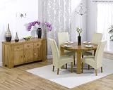 Solid Oak Round Dining Table with 4 Cream Leather Chairs and Sideboard