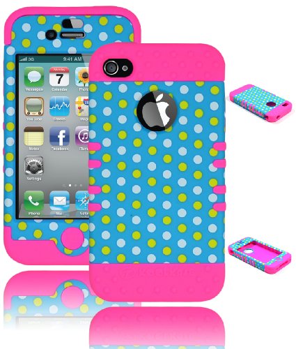 Bastex Heavy Duty Hybrid Case for iPhone 4, 4S, - Pink Silicone / Multi Color Polka Dot Hard Cover