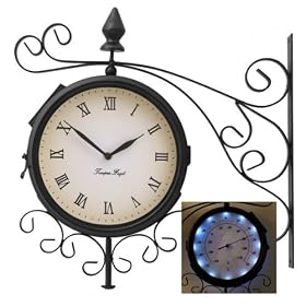 Bracket Mounted Outdoor Solar LED Clock with Thermometer