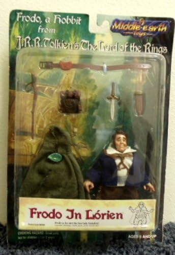 Rare Vintage JRR Tolkien Lord of the Rings Middle Earth Frodo in Lorien - Frodo as He Met the Fair Lady Galadriel Vintage 1998 Action Figure Doll with Clothing, Cloak, Pack, Stick, Sword, and Belt - Mint in Box
