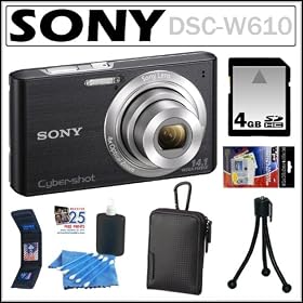 Sony Cyber-shot DSC-W610 14.1 MP Digital Camera with 4x Optical Zoom and 2.7-Inch LCD in Black + 4GB SDHC + Sony Case + Accessory Kit
