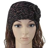 Hand Crochet Large Flower Gold Threaded Knitted Wide Headband Wrap - Black