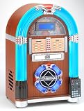 LED Jukebox USB CD Rock Maxi Encode - As well as being a jukebox, this unit Records From a music CD To MP3 - Light Real Wood Finish - 46cm High, Table top model, but larger than most mini jukeboxes (7 colour changing lights) - Plays CD's and MP3 (via USB stick / SD Memory card) & FM / AM (MW) Radio - By Steepletone
