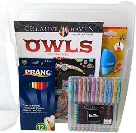 Arts and Crafts Bundle - Includes 5 Items: Gel pens, Colored Pencils, Owl Coloring Book, Project Case