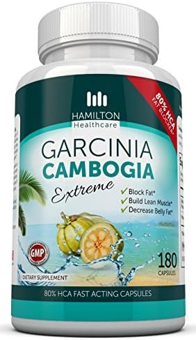 80% HCA Super Strength Garcinia Cambogia Extreme With No Calcium 180 Fast Acting Capsules. All Natural Appetite Suppressant and Weight Loss Supplement By Hamilton Healthcare up to 4500mg Per Day for Maximum Results by Hamilton Healthcare