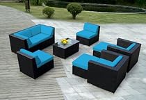 Big Sale Ohana collection PN0910blue Genuine Ohana Outdoor Patio Wicker Furniture 9-Piece All Weather Gorgeous Couch Set with Free Patio Cover