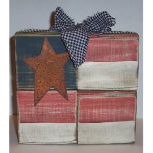 ABC Products E and J Crafts ~ Primitive Handcrafted 4 X 4 Wood Block Americana Flag (with... by 