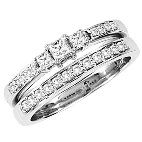 14k White Gold Princess & Round Diamond Ladies 3 Stone Engagement Bridal Ring Set 3/4 CT (0.75 cttw, H-I Color, I1 Clarity)