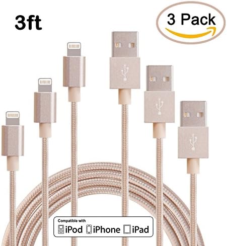 Sethjcsy 3Pack 3FT Nylon Braided 8Pin Lightning Cable Charging Cord USB2.0 Data Sync Cable for iPhone 6/6s/6 Plus/5/5c/5s, iPad 4 Mini Air iPod Nano 7 iPod Touch 5 (Golden-3ft)