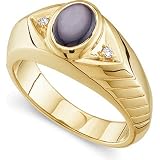 14K Yellow Gold Diamond Man's Black Star Sapphire and Diamond Ring