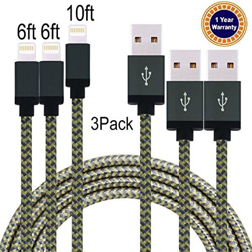 Jricoo 3pcs 6FT 6FT 10FT Lightning Cable Popular Nylon Braided Charging Cable Extra Long USB Cord for iphone 6s, 5SE, 6s plus, 6plus, 6,5s 5c 5,iPad Mini, Air,iPad5,iPod on iOS9.(gold+gray)