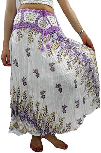 Kiwano Women's Girls Floral Paisley Print Gypsy Bohemian Ankle/long Skirt - More (White & Violet)