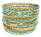 Turquoise Gold Tone Seed Bead Embellished Stacking Bangle Bracelet Set