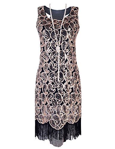 PrettyGuide Women's 1920s Sequin Paisley Racer Back Tassels Flapper Cocktail Dress