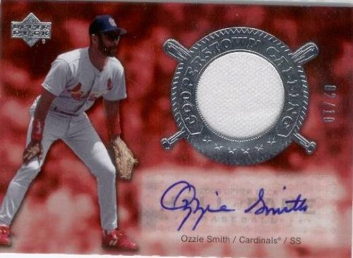 2005 Upper Deck Hall of Fame Cooperstown Calling Autograph-Material Silver CO-OS3 Ozzie Smith (Cards) St Louis Cardinals (Autographed - Piece of Authentic Game Worn Jersey - Serial #d to 10 - Baseball Cards)