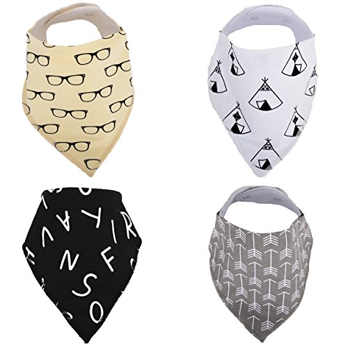 Baby Bandana Drool Bibs Use For Drooling, Teething, & Feeding - Soft Absorbent Cotton, 2 Adjustable Snaps - 4 Cute White, Cream, Gray, & Black Unisex Bandana Bibs for Girls & Boys - By Hello Baby Care