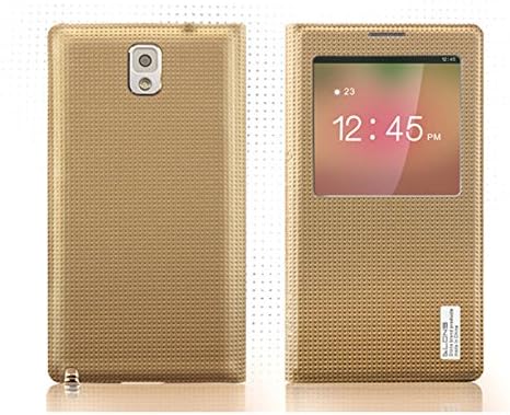 DLONS® Premium Ultra Slim Flip Folio PU Leather View Window Case Battery Back Cover for Samsung Galaxy Note 3 III N9000 N9005 - Gold