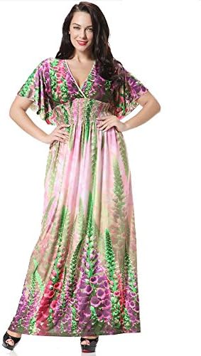 Women's Plus Size Bohemia V Neck Bat Sleeve High Waisted Maxi Dress (2XPlus)